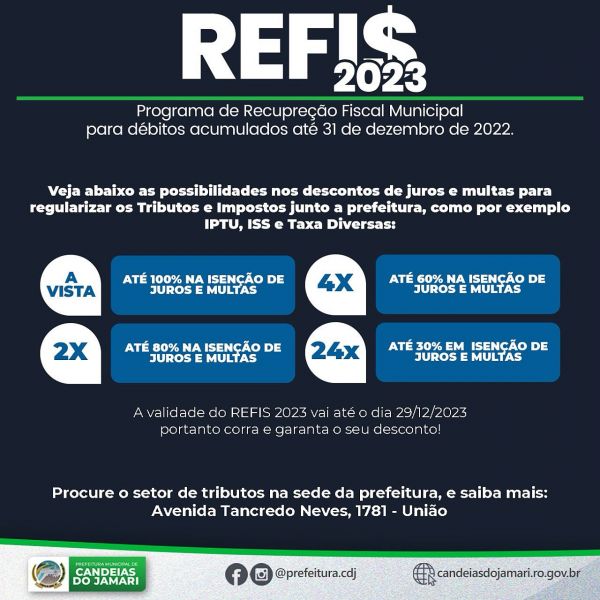 Prefeitura inicia o REFIS 2023 e irá ate 29 de dezembro de 2023