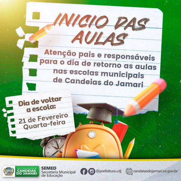 Prefeitura de Candeias do Jamari anuncia Início do Ano Letivo para 21 de fevereiro de 2024