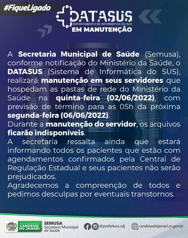 Prefeitura de Candeias informa que SISREG estará fora do ar até segunda-feira (06)
