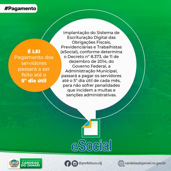 LEI FEDERAL - Prefeitura comunica que pagamento dos servidores passará a ser feito até 5º dia útil