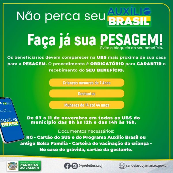 SEMUSA comunica que beneficiários do Auxílio Brasil devem fazer pesagem para evitar o bloqueio